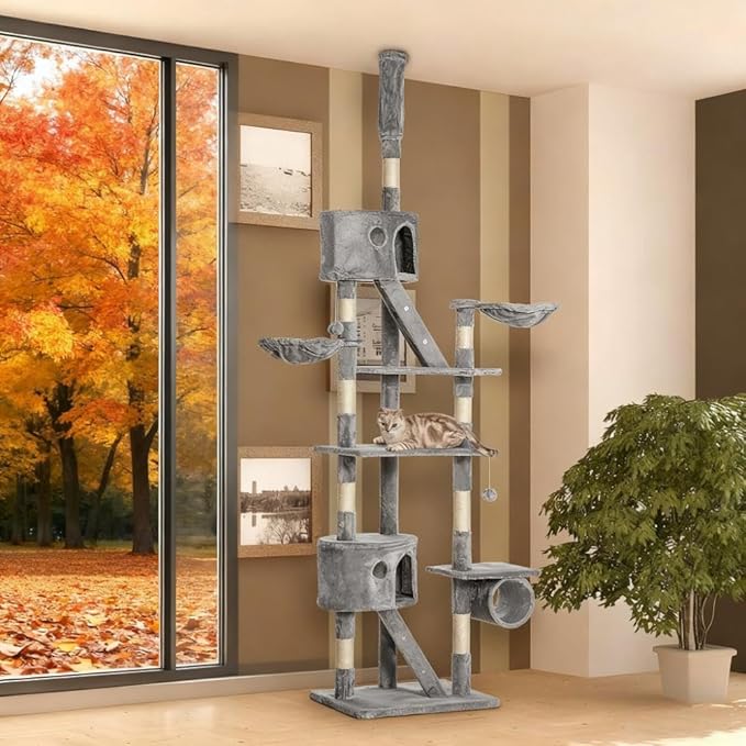 Stylish Cat Tree Tower with Sisal Scratching Posts, Cozy Condo, and Plush Perches for Climbing, Resting, and Play (Light Gray + Pine + Polyester)