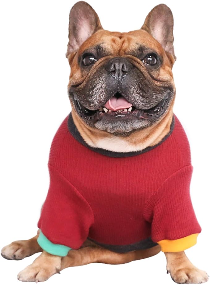 iChoue Pet Dog Crewneck Sweater Color Block Pullover Winter Warm Clothes for English Bulldog Boston Terrie - Red and Black/Large Plus