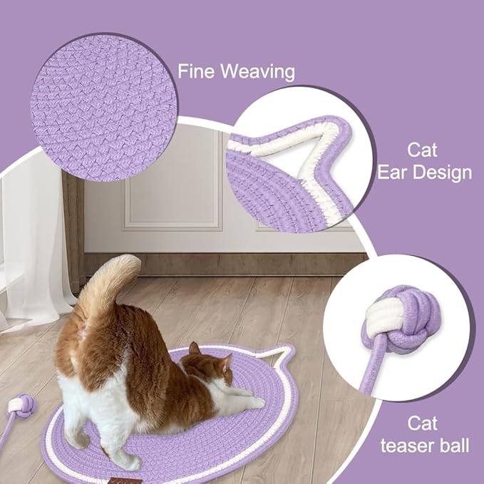 Personalized Cat Scratcher Mat, Customized with Name Text Natural Cotton Rope Round Horizontal Cat Scratching Pads with Ball Toy, Cat Furniture Protector for Wall, Couch, Carpets, Sofa (Purple)