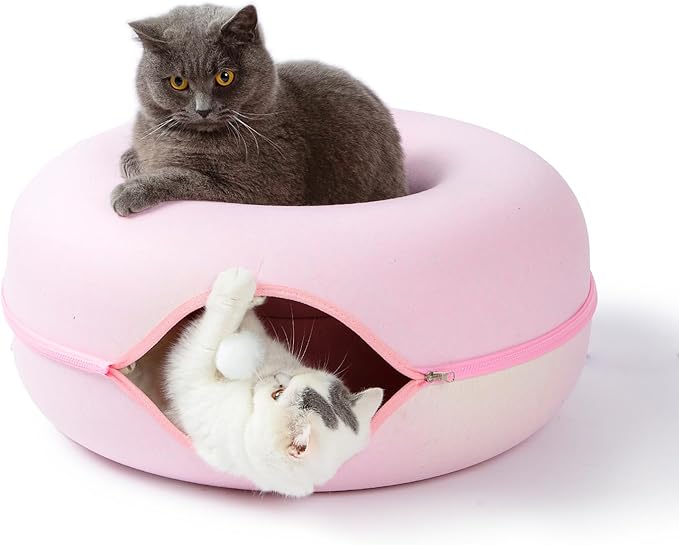 Peekaboo Cat Tunnel for Large Cats up to 30 lbs, Features A Jingle Ball, Removable and Washable Tunnel Bed, and a Cozy Donut Tunnel (Pink, 24 Inches)