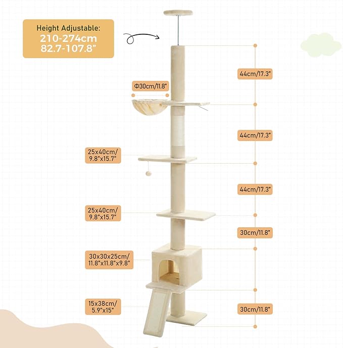 PETEPELA Floor to Ceiling Cat Tree, Multi-Level Tall Cat Tower, Height Adjustable [83"-108"], Cat Scratching Post with Top Perches and Spacious Condo for Large Indoor Cats, Beige