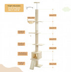 PEQULTI Cat Tree Floor to Ceiling, Tall Cat Tower, Adjustable Height (83''-108'') 5 Tiers Climbing Tree for Indoor Cats with Cat Condo, Scratching Post and Ladder, Beige