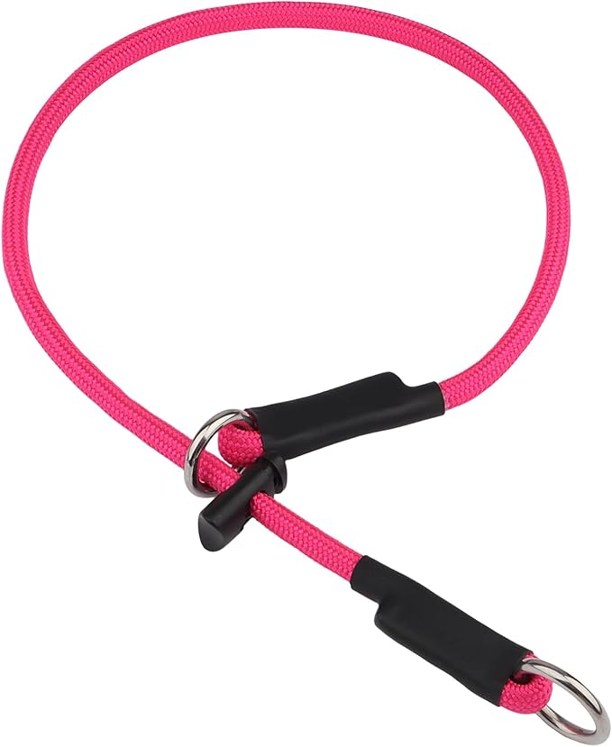 Martingale Dog Collar, 5/16” High-Strength Nylon Rope Slip Collar with Spring-Loaded Adjustable Stopper for Small, Medium & Large Dogs(Pink, 22 inch)