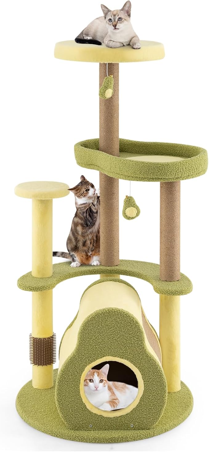 PETSITE 49-inch Avocado-Themed Cat Tree, Multi-Level Modern Cat Tower with Jute Scratching Posts, Cat Condo, Self Groomer Brush, and Dangling Toys, Cute Cat Tree Tower for Indoor Cats