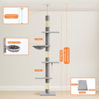 Cat Tree 5-Tier Floor to Ceiling Cat Tower with Cozy Hammock, 89-109 Inch Adjustable Height Sisal Scratching Post, Provides Vertical Enrichment for Jumping & Climbing, Grey