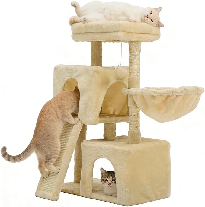 35.8-inch Cat Tree with Double Cat Beds & Hammock, Plush Perch Scratcher with Comfort Sleep Platform and Toy Ball for Indoor Cats (Beige)
