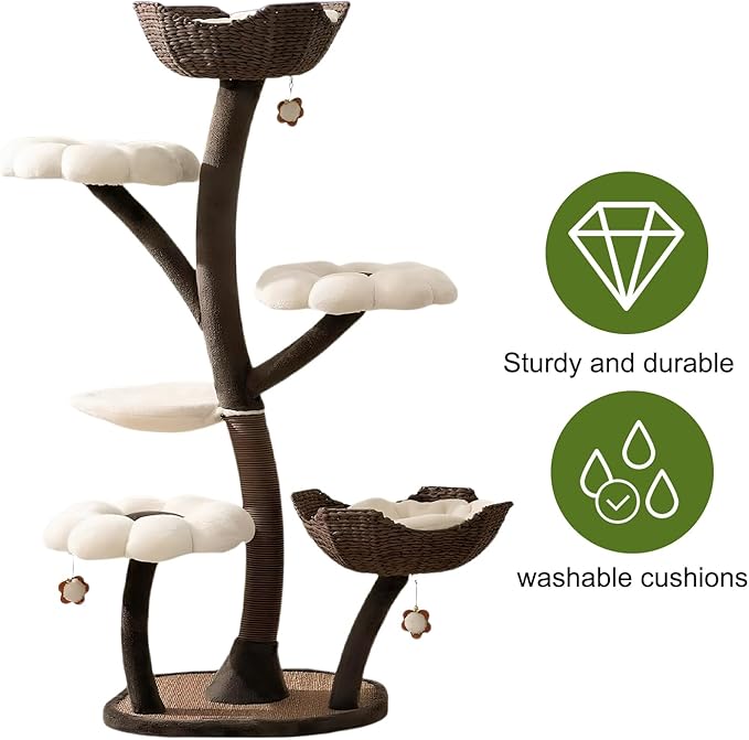 Blossom 59" Flower Cat Tree with Replaceable Flower Perches and Scratching Posts, Tall Cat Tower with Resting Platforms for Large/Small Cats Climbing, Multi-Level Cats Tower with Toy Balls