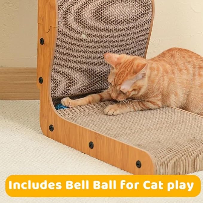 Happy & Polly L Shape Cat Scratcher - 25.8 Inch Vertical Cat Scratching Board with Ball Toy for Indoor Cats - Cardboard Cat Scratch Pad Protecting Furniture