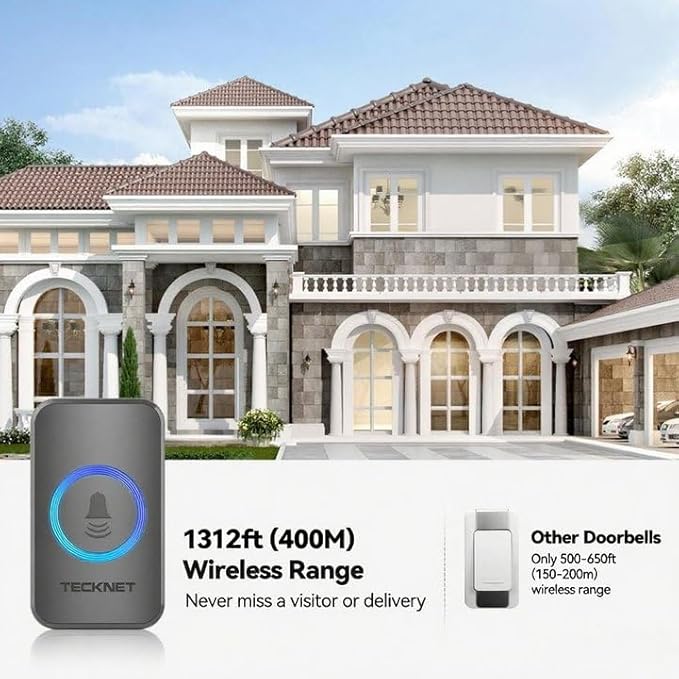 TECKNET Wireless Doorbell with 2 Buttons & 1 Receiver, IP65 Waterproof Doorbells for home, 1300ft Operating Range, 60 Melodies & 5 Volume Levels of 0-120 dB, RGB Light for Hearing Impaired