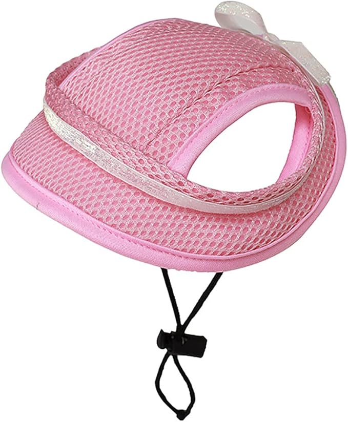 Round Brim Princess Hat Visor Hat Pet Dog Mesh Porous Sun Hat with Ear Holes for Small, Extra Small Dog Teddy, Pug, Chihuahua, Shih Tzu, Yorkshire Terriers, Papillon Pink with bowknit L