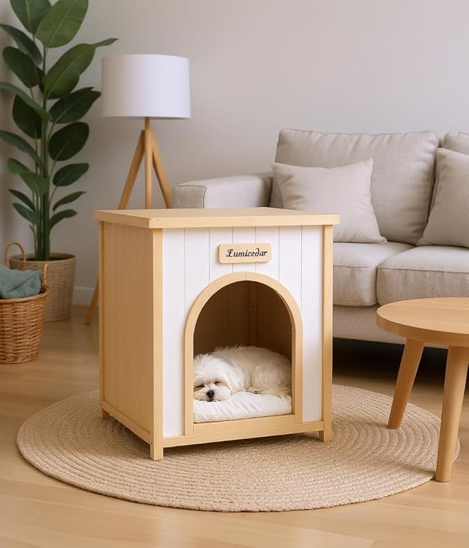 Wooden Dog Crate Furniture, Side Table Dog House for Indoor Small Dogs, Modern End Table with Cushion