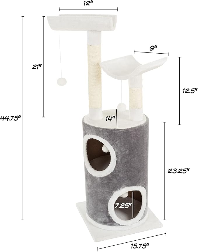 5-Tier Cat Tower with 2 Napping Perches, 2 Story Cat Condo, 2 Sisal Rope Scratching Posts, Hanging Toys – Cat Tree for Indoor Cats by PETMAKER (Gray)