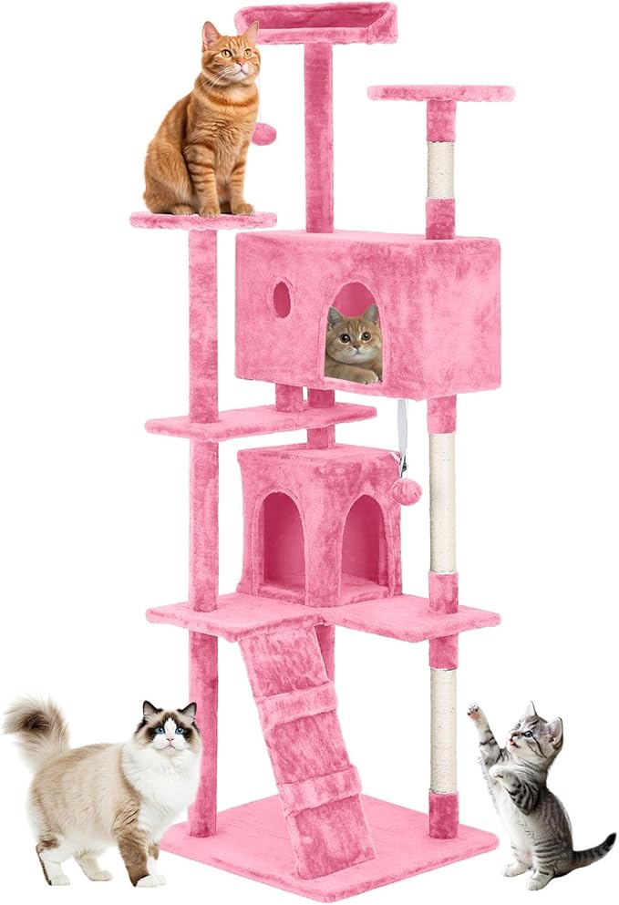 BestOffice 70 Inch Cat Tree, Multi-Level Cat Tower with Condo, Perches, Sisal Scratching Posts, Climbing Ladder,Indoor Activity Center Play House for Kittens & Adult Cats,Pink