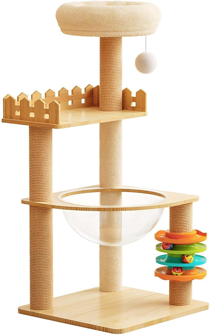 39.3” Wood Cat Tower with Sisal Scratching Post, Modern Cat Tree with Acrylic Bowl, Climbing Ladder & Hanging Ball Toy, Multi-Level Cat Activity Center (39.3 inch)