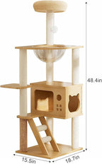 48.8 Wooden Cat Tower Tree for Indoor Cats with Acrylic Hammock, Multi-Level Condo, Sisal Scratching Posts & Top Perch for Play, Rest, Climb & Lounge