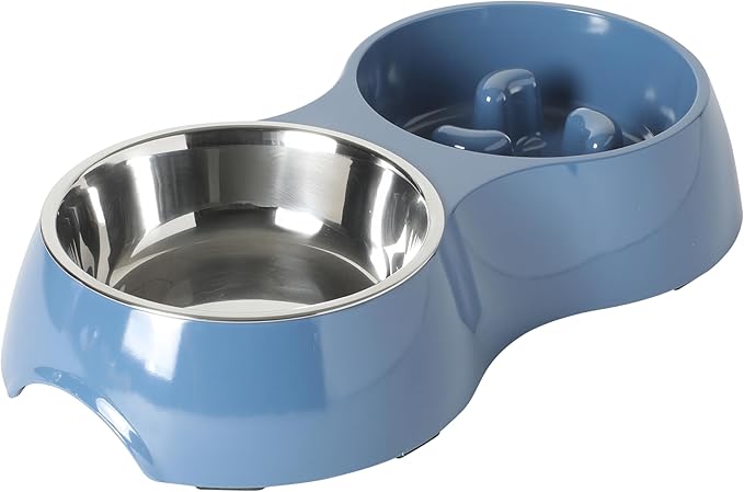 Gibson Home Curious Canines Slow Feeder Dog Bowl Set, Double Bowl with Stainless Steel Insert, Melamine Base, Anti-Gulp Feeding, Food & Water Station, Dishwasher Safe, Blue
