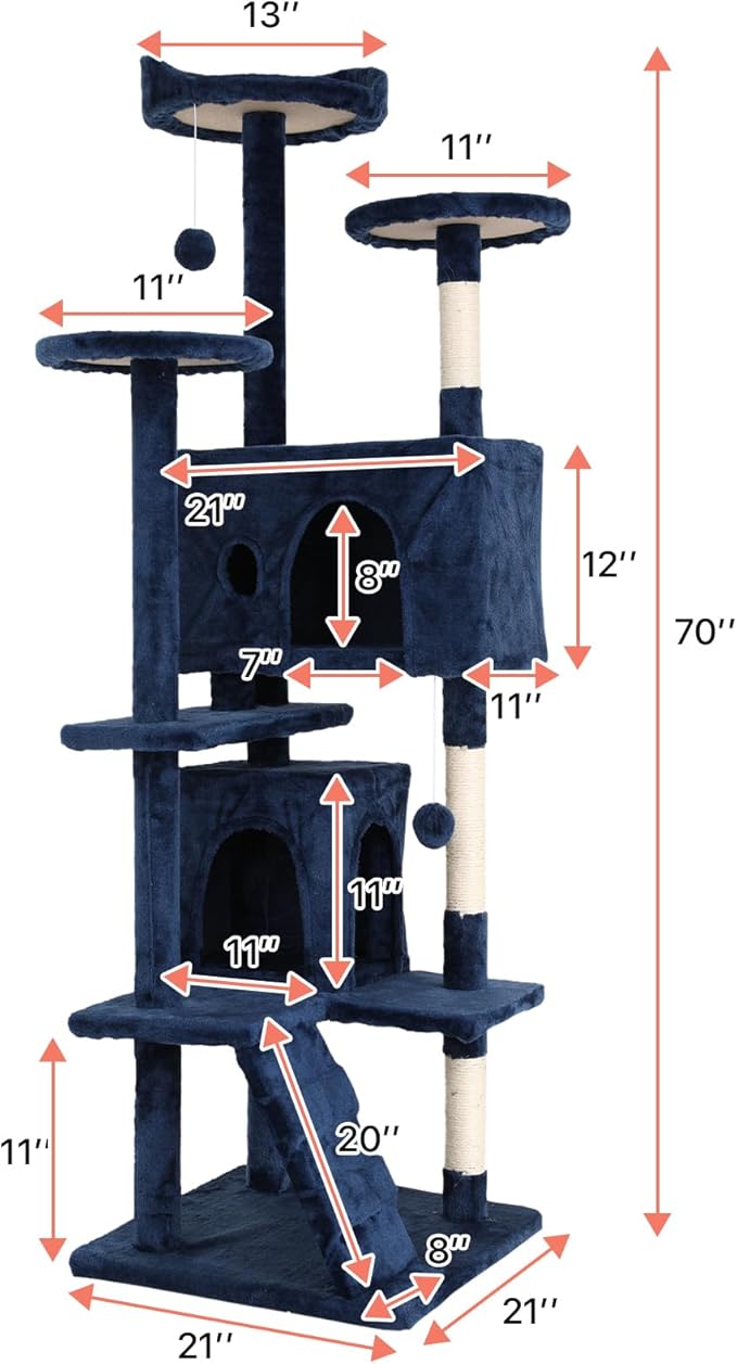 Cat Tree with Scratching Post,Cat Tower House for Indoor Large Adult Cats Kittens,21x21x70in Multi-Level Activity Cat Cando Furniture,Blue