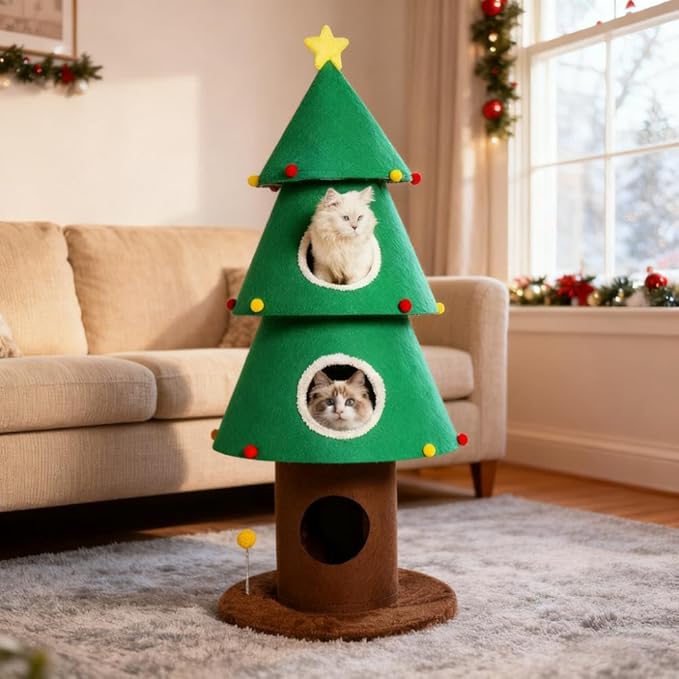 Christmas Cat Tree with 3 Cat Houses, 59 inch Cat Tower for Indoor Cats, Cat Furniture with Teaser Toy for Christmas Decoration