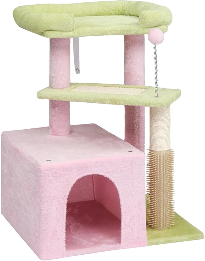 Cat Tree for Indoor Cats, 27'' Small Cat Tower Cat Condo with Sisal Scratching Ramp, Cozy Hammock and Removable Flower Bed Perch for Kittens (Pastel Pink)