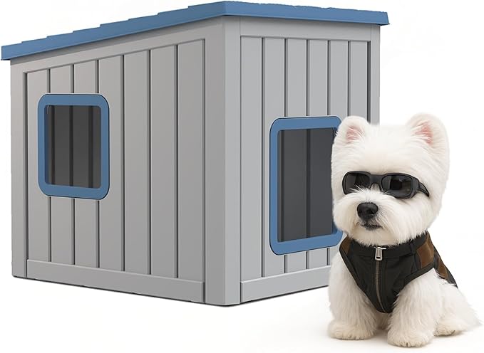 Dog House Small Dog Houses Outdoor with Sloped Roof Waterproof Ventilated Design Easy to Clean Elevated Floor Easy Assembly for Middle Sized Dogs(Blue 24.65"*21.5"*22.21")