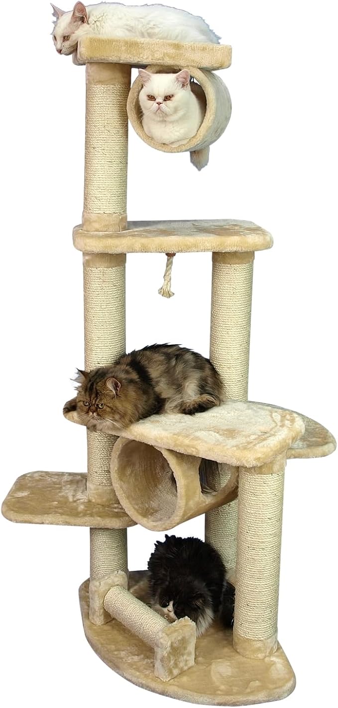 Cat Tree - 36x32x74 - Sisal & Faux-Fur - Tunnel, Toy & Perches - Beige