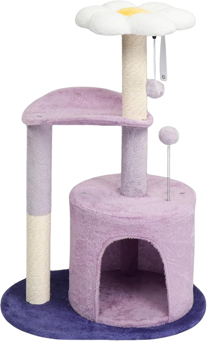 Cat Tree, 33" Multi-Level Cloud Cat Tree Tower with Cozy Padded Bed & Large Condo for All Sized Cats, Featuring Scratching Posts, Viewing Perch & Toys, Stable Small Cat Tower (Green)