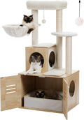 Cat Tree with Litter Box Enclosure, 50" Modern Cat Tree for Large/Fat Cats with Cat Condo, Wooden Cat Furniture with Large Hammock and Top Perch, Beige