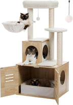 Cat Tree with Litter Box Enclosure, 50" Modern Cat Tree for Large/Fat Cats with Cat Condo, Wooden Cat Furniture with Large Hammock and Top Perch, Beige
