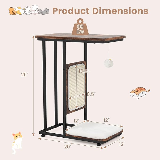 PETSITE Cat Tree and End Table, C-Shaped Small Cat Side Table with Scratching Pad, Removable Washable Cushion, and Jingling Hanging Ball, Modern Cat Furniture for Living Room Bedroom