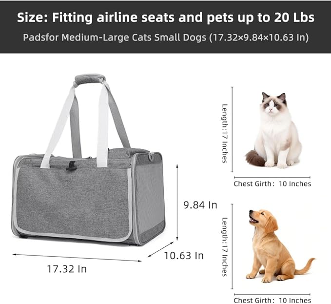 Cat Carrier Soft Sided Dog Carrier Airline Approved Pet Carrier for Dog/Cat Bag (17.32×9.84×10.63 in) with 1 Poop Bags,5 Pee Pads,Ideal for Medium-Large Cats Small Dogs