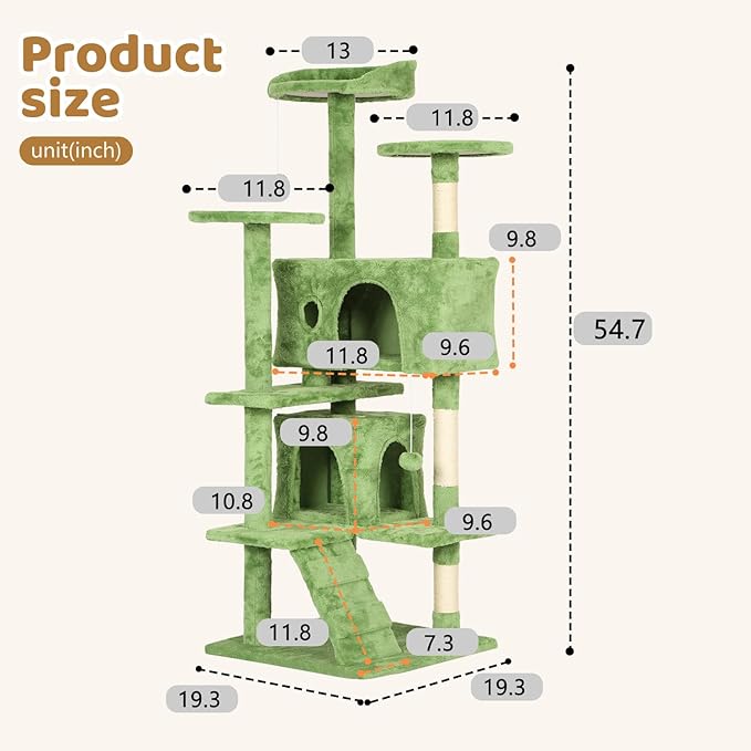 BestOffice 54 Inch Cat Tree, Multi-Level Cat Tower with Condo, Perches, Sisal Scratching Posts, Climbing Ladder,Indoor Activity Center Play House for Kittens & Adult Cats,Green