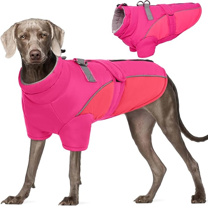 ROZKITCH Dog Winter Coat, Dog Coat for Autumn Winter with Turtleneck, Pet Clothes with Adjustable Waist Strap, Soft Warm Pet Clothing with Reflective Strip for Small Medium Large Dogs Rose Red XL