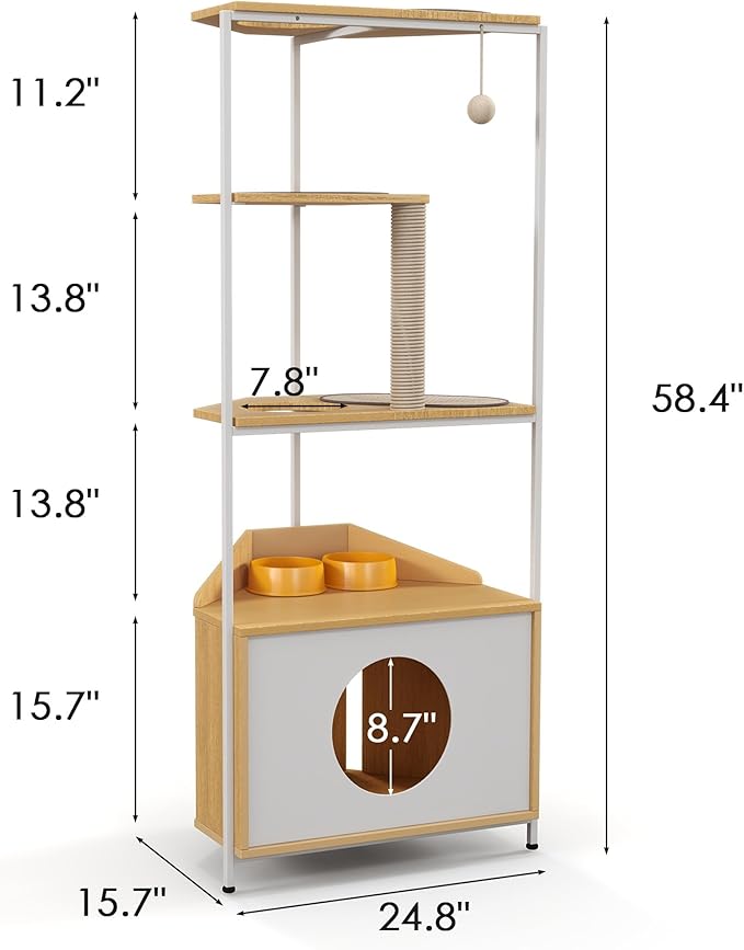 Modern Cat Tree Furniture for Indoor Cats Multi-Level Cat Tower with Scratching Post, Cat Condo, Feeding Station & Corner-Saving Design Stylish Wood & Metal Pet Furniture for Home Decor