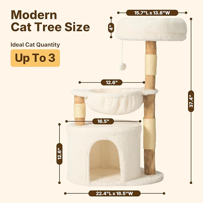 Veehoo Wood Cat Tree, Aesthetic Modern Cat Tree Tower with Scratching Posts, Luxury Cat Condo with Large Hammock and Soft Plush Perch for Indoor Cats
