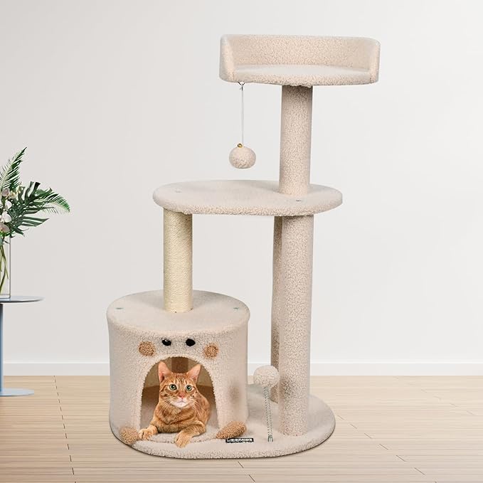 33-in Heavy-Duty Cat Tree for Large Cats, Multi-Level Tower with Sisal Scratching Posts, Plush Perch, Hammock & Condo Anti-Tip Design