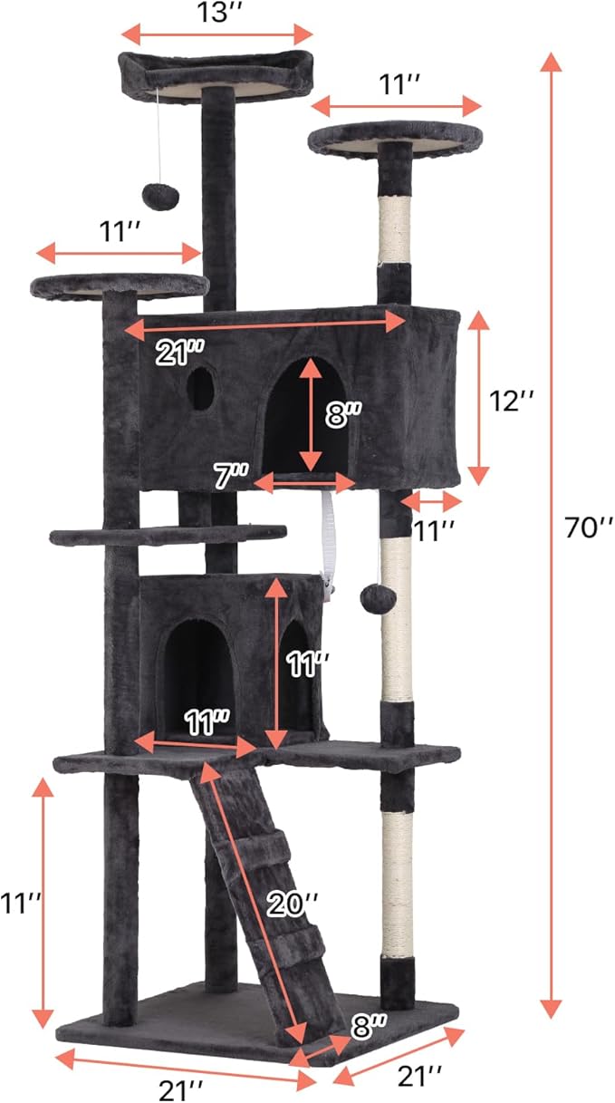 Cat Tree with Scratching Post,Cat Tower House for Indoor Large Adult Cats Kittens,21" Multi-Level Activity Cat Cando Furniture,Grey