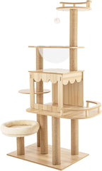 60" Cat Tree Multi-Level, Wood Cat Climbing Stand, Cat Tree Tower, Large Playing Condo with Scratching Post Funny Toys for Kittens Pet Play House
