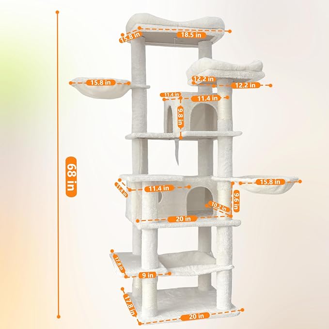 68-Inch Cat Tree Tower for Indoor, Multi-Level Furniture with 2 Hammocks, Cave & Scratching Posts, Plush Condo for Large Cats & Multi-Cat Households (Beige-A)