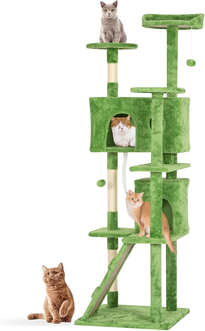 Cat Tree 69.3 inches Cat Tower for Indoor Cats Cat House with Replaceable and Removable Dangling Ball Cat Trees and Towers with Funny Toys, Green