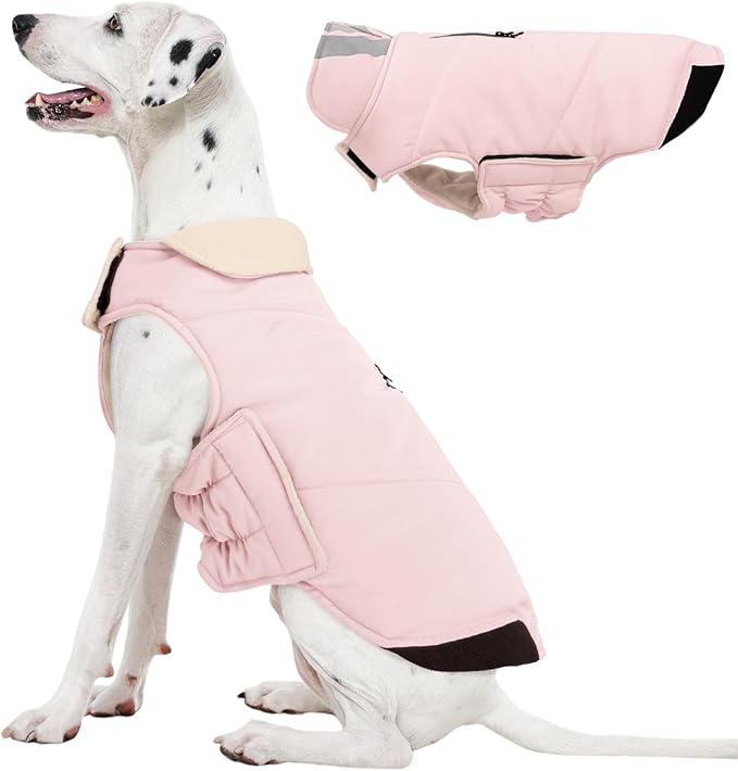 Kuoser Large Dog Coat, Cold Weather Reflective Waterproof Dogs Jacket with Warm Fleece Lining, Turtleneck Dog Winter Coat with Zipper, Doggy Snow Jacket Pet Coats for Small Medium Large Dogs, Pink XL