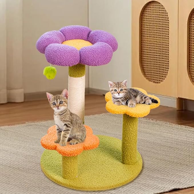 Flower Cat Tree Tower Cat Climbing Frame Sisal Wrapped Cute Cat Tree Multi-Function Small Cat Tower 3 Layer for Playtime and Relaxation