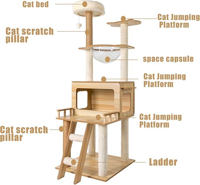 Cute Cat Tower 58 Inches, Multi-Level Cat Tree for Indoor Activity Cats, with Ladder Swing Ball Space Capsule, Cat Condo House for Cute Large Cats Kitten