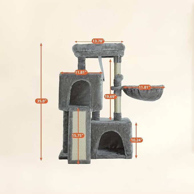 35.8-inch Cat Tree with Double Cat Beds & Hammock, Plush Perch Scratcher with Comfort Sleep Platform and Toy Ball for Indoor Cats (Grey)
