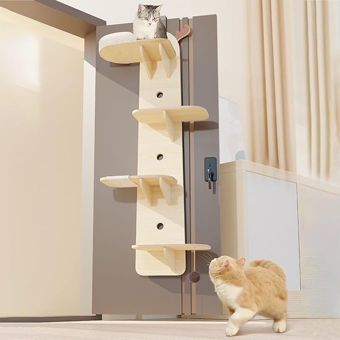 4-Tier Door Hanging Cat Scratching Post, Vertical Cat Climbing Frame with Anti-Collision Strips, Multi-Cat Shelf for Wardrobe/Stair Railing/Window