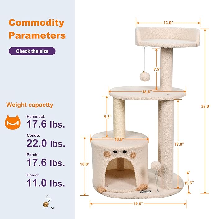 33-in Heavy-Duty Cat Tree for Large Cats, Multi-Level Tower with Sisal Scratching Posts, Plush Perch, Hammock & Condo Anti-Tip Design
