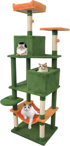 PETSITE Multi-Level Cat Tree, 75 Inches Tall with Sisal Scratching Posts, 2 Condos, Hammock, Dangling Balls, and Cozy Top Perch, Ideal for Indoor Cats to Play and Rest (Green)
