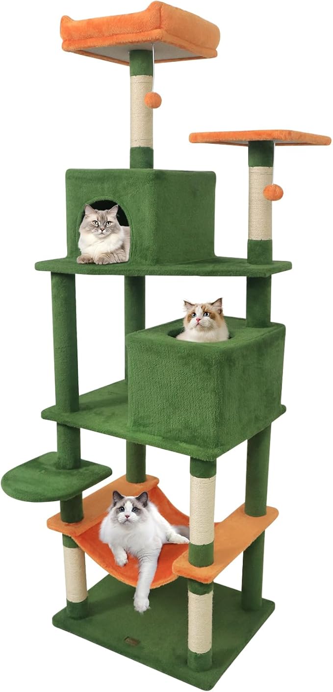 PETSITE Multi-Level Cat Tree, 75 Inches Tall with Sisal Scratching Posts, 2 Condos, Hammock, Dangling Balls, and Cozy Top Perch, Ideal for Indoor Cats to Play and Rest (Green)