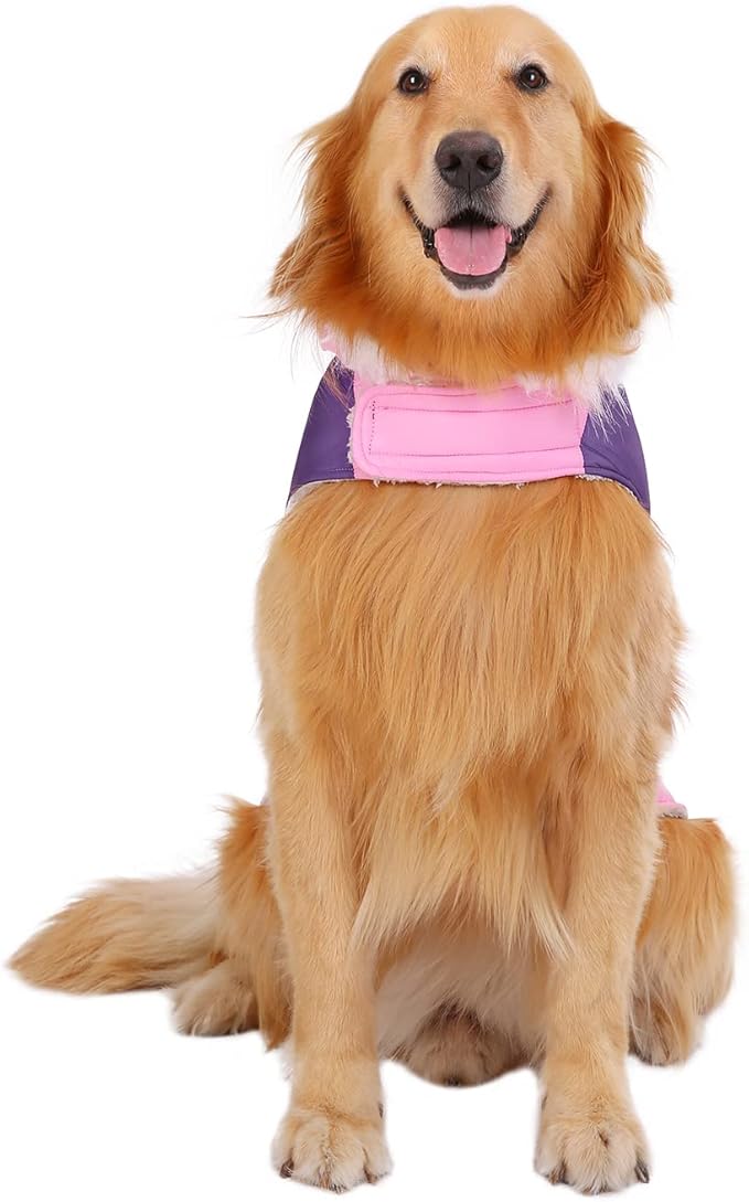 HDE Dog Puffer Jacket Fleece Lined Warm Dog Parka Winter Coat with Harness Hole Pink Stripe - L