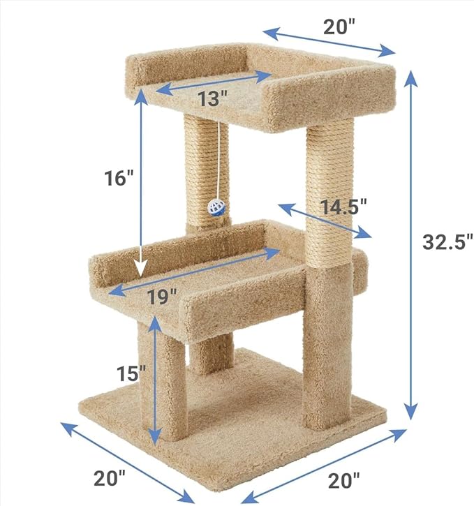BEXEN 32-in Real Carpet Wooden Cat Tree with Toy: Double-Decker, Sturdy Wood, Plush Carpet, sisal Scratching Posts, Fully Assembled, Engaging Play
