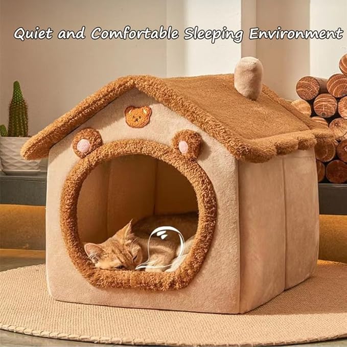 Cat Beds for Indoor Cats, Cute Bear Shape Cat Bed Cave, Pet House Cats Tent with Removable Cushion Pillow for Kittens Puppy Small Dogs (Brown, M-18 * 14.6 * 15.7in)